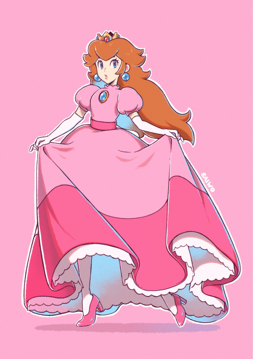 1girl, alternate_color, alternate_hair_color, blue_eyes, crown, dress, earrings, elbow_gloves, full_body, gloves, high_heels, highres, jewelry, long_hair, looking_at_viewer, orange_hair, pantyhose, pink_background, pink_dress, pink_footwear, princess_peach, puffy_short_sleeves, puffy_sleeves, saiwo_(saiwoproject), short_sleeves, simple_background, solo, sphere_earrings, super_mario_bros., white_gloves
