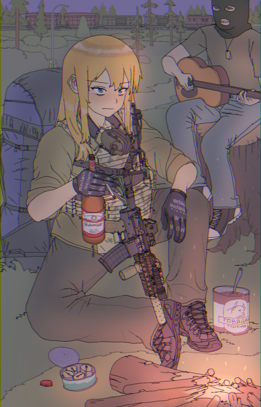 1girl, alcohol, ar-15, backpack, bag, balaclava, beans, beer