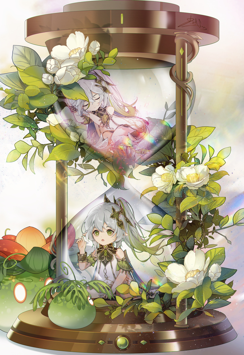 2girls, :o, bare_shoulders, bracelet, closed_eyes, clover_hair_ornament, cross-shaped_pupils, crossed_bangs, detached_sleeves, dress, dual_persona, flower, full_body, genshin_impact, gradient_hair, green_eyes, green_hair, grey_hair, guangchengji, hair_ornament, hand_up, highres, hourglass, jewelry, leaf, lying, medium_hair, multicolored_hair, multiple_girls, nahida_(genshin_impact), on_side, open_mouth, pointy_ears, side_ponytail, signature, sitting, sleeveless, sleeveless_dress, slime_(genshin_impact), symbol-shaped_pupils, trapped, wariza, white_dress, white_flower