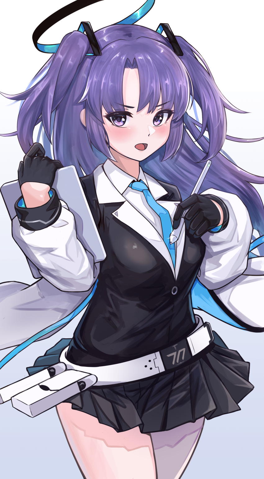 1girl, absurdres, andaan_(an_iota_of), black_gloves, black_skirt, blazer, blue_archive, blue_necktie, breasts, coat, collared_shirt, commentary_request, dual_wielding, gloves, half_gloves, halo, highres, holding, holding_stylus, holding_tablet_pc, id_card, jacket, large_breasts, long_hair, long_sleeves, looking_at_viewer, necktie, open_clothes, open_coat, parted_bangs, parted_lips, pleated_skirt, purple_hair, school_uniform, shirt, sidelocks, simple_background, skirt, solo, stylus, tablet_pc, thick_thighs, thighs, triangle_hair_ornament, two_side_up, violet_eyes, white_coat, white_shirt, yuuka_(blue_archive)