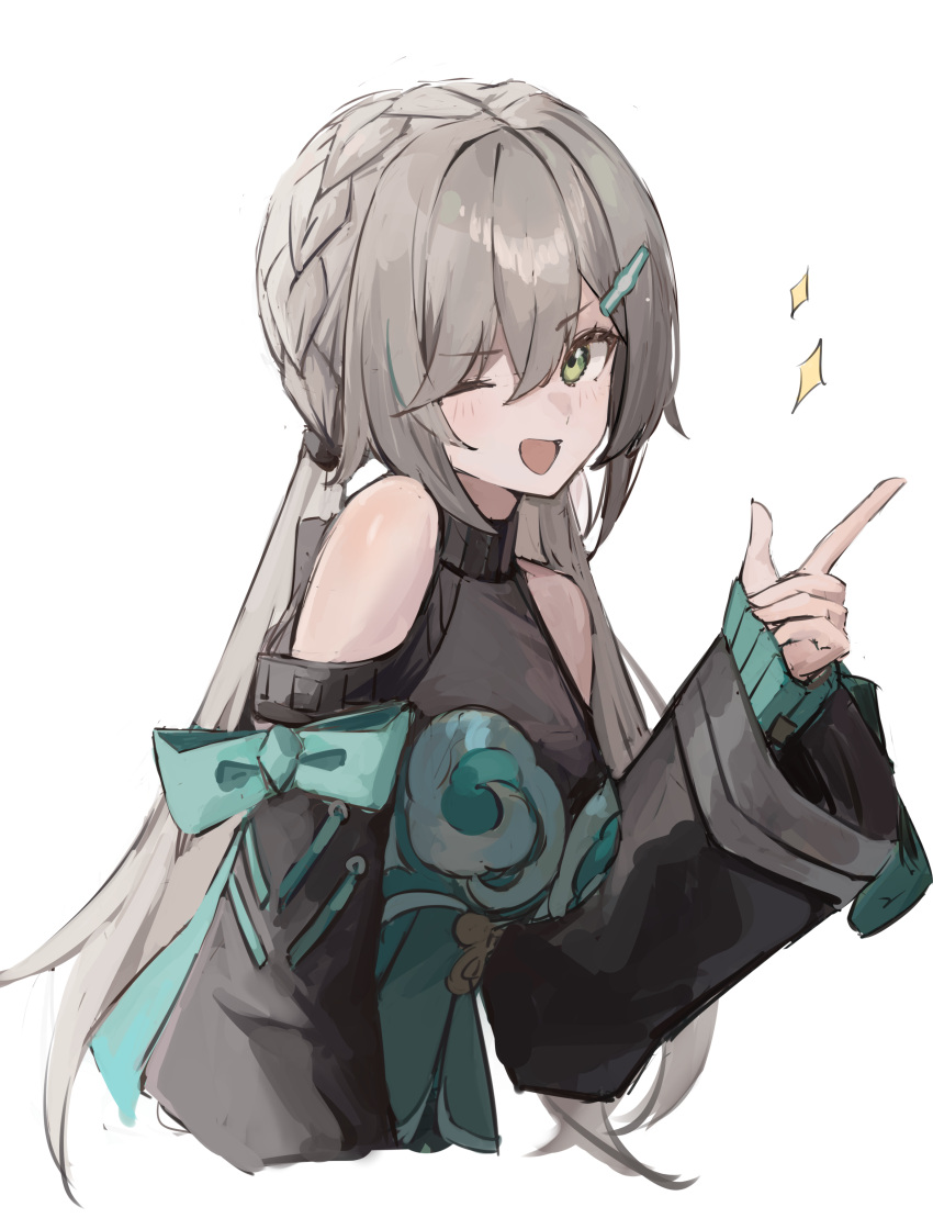 1girl, ;d, absurdres, bare_shoulders, blush, bow, braid, breasts