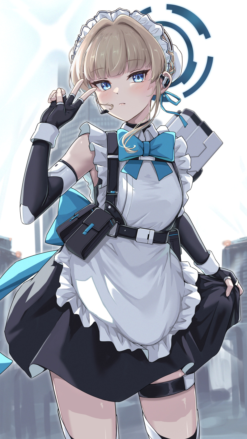 1girl, absurdres, andaan_(an_iota_of), apron, belt, black_gloves, blue_archive, blue_bow, blue_bowtie, blue_eyes, blunt_bangs, blurry, bow, bowtie, building, bun_cover, commentary_request, depth_of_field, elbow_gloves, expressionless, fingerless_gloves, frilled_apron, frills, gloves, hair_bow, hair_bun, hair_ribbon, halo, headset, highres, holster, light_brown_hair, long_hair, looking_at_viewer, maid, maid_apron, maid_headdress, outdoors, ribbon, shoulder_belt, sidelocks, simple_background, single_hair_bun, skyline, skyscraper, sleeveless, solo, thigh_belt, thigh_strap, toki_(blue_archive), turtleneck, v, white_apron, white_background