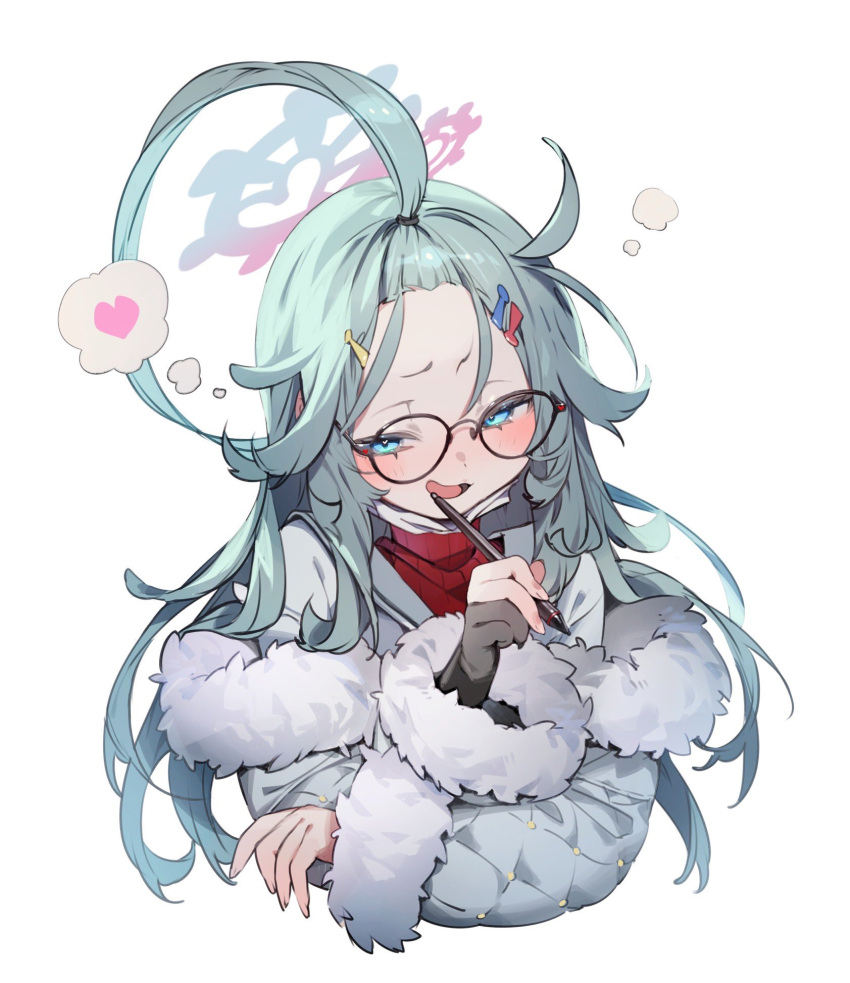 1girl, ahoge, aqua_eyes, aqua_hair, black-framed_eyewear, blue_archive, blush, bukurote