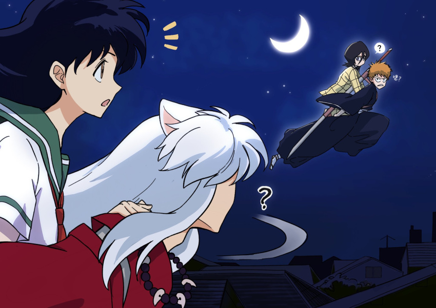2boys, 2girls, ?, animal_ears, black_hair, black_kimono, bleach, brown_eyes