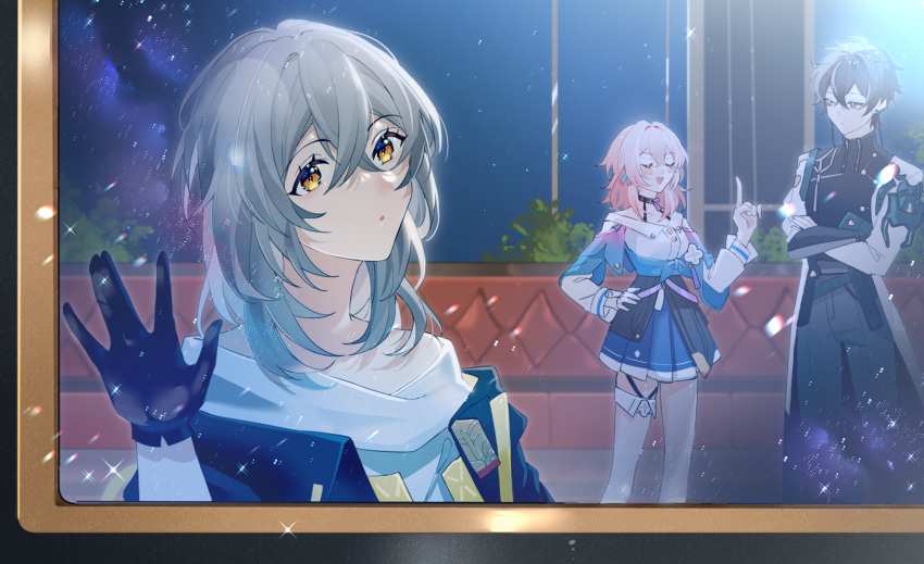 1boy, 2girls, :o, astral_express_(honkai:_star_rail), black_choker, black_corset, black_gloves, black_hair