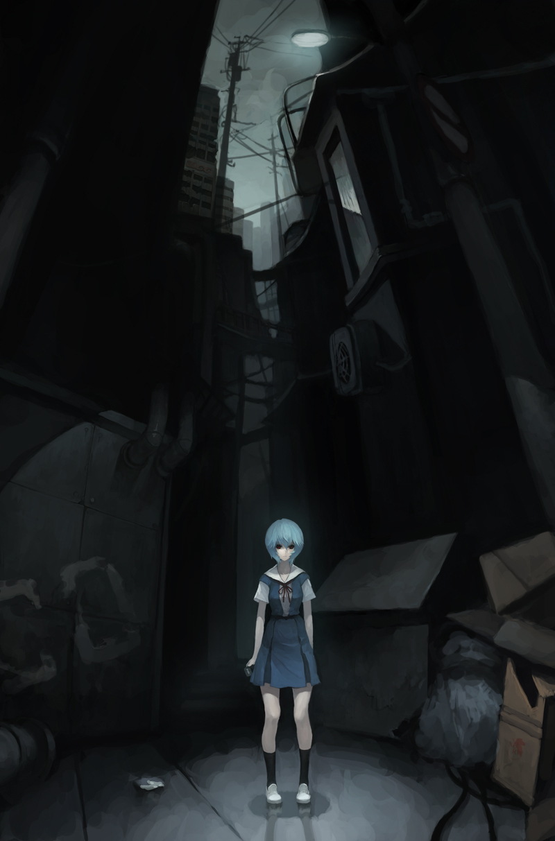 ayanami_rei, black_legwear, black_socks, blue_hair, building, fenrir_(buzhidaoshishuei), fenrir_(pixiv926116), highres