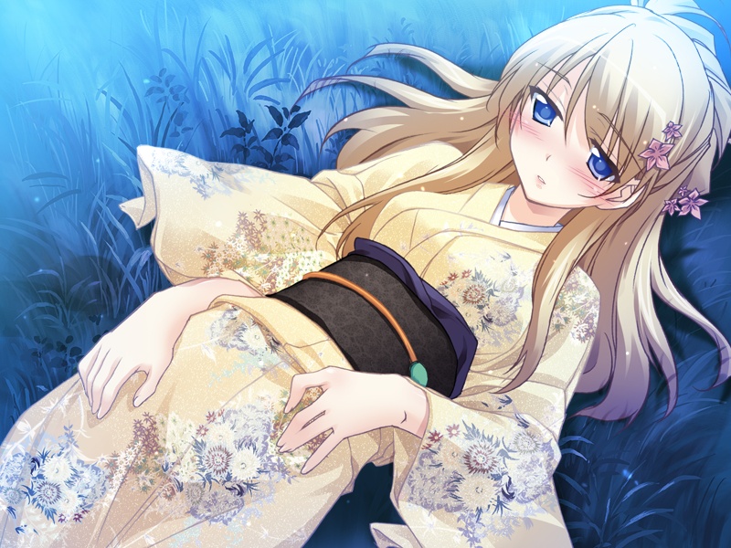 blonde_hair, blue_eyes, game_cg, grass, hair_ornament, hitoyume, japanese_clothes, kimono