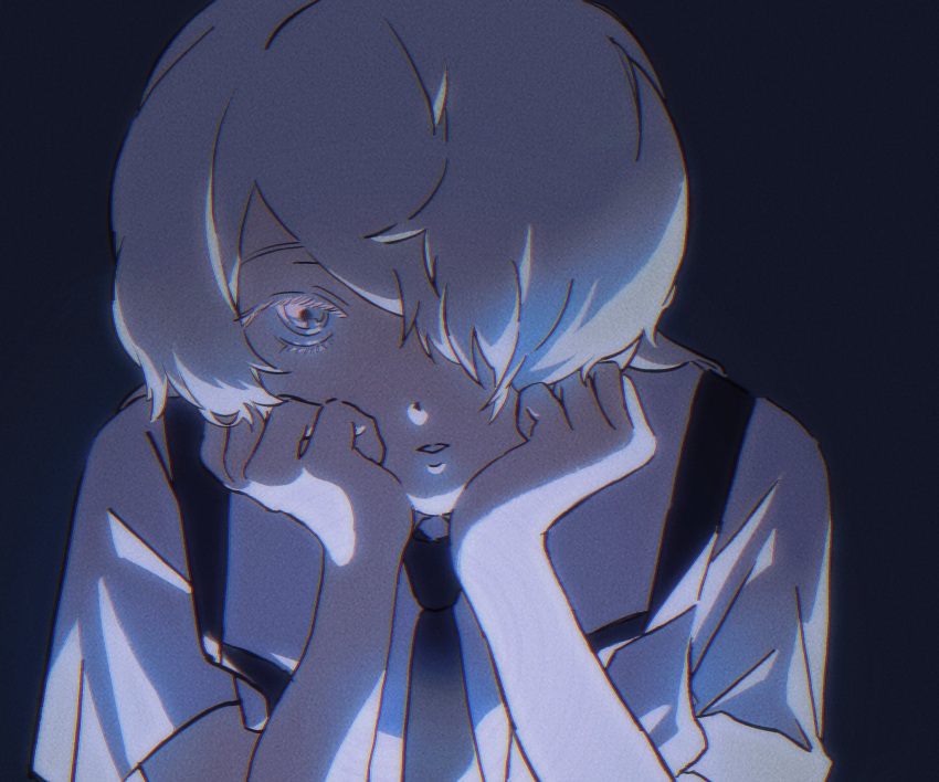 1other, black_necktie, dappled_moonlight, eyelashes, gem_uniform_(houseki_no_kuni), ghost_quartz_(houseki_no_kuni), grey_background, grey_hair, hair_over_one_eye, hands_on_own_cheeks, hands_on_own_face, hands_up, head_rest, highres, houseki_no_kuni, moonlight, n_5rkgk, necktie, one_eye_covered, other_focus, parted_lips, shirt, short_hair, short_sleeves, simple_background, solo, suspenders, upper_body, white_shirt