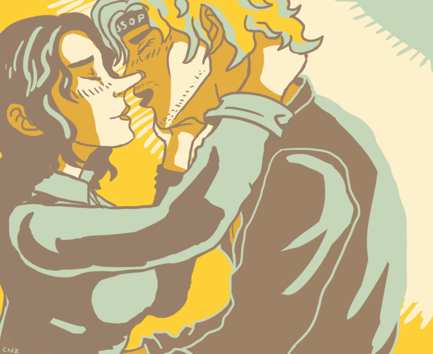 1boy, 1girl, banchina, blonde_hair, character_name, charlienozaki, closed_eyes, couple, english_commentary, facial_hair, from_side, hand_on_another's_neck, headband, imminent_kiss, long_nose, medium_hair, one_piece, short_hair, signature, yasopp