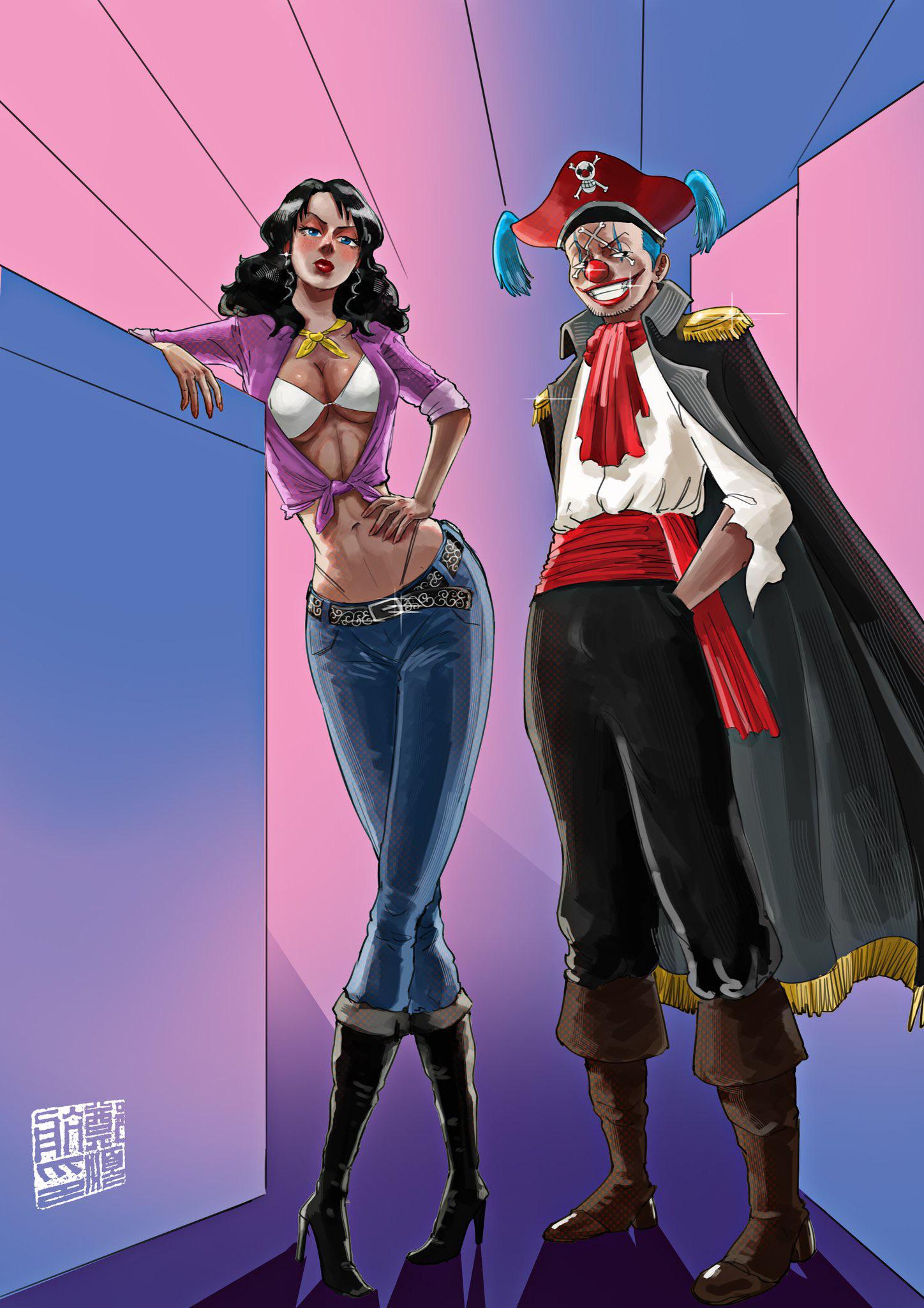 1boy, 1girl, aliasartworks, alvida_(one_piece), ascot, black_hair, blue_eyes, blue_hair, blush_stickers, buggy_the_clown, closed_mouth, clown_nose, coat, curly_hair, earrings, english_commentary, facial_mark, freckles, hand_on_own_hip, hat, highres, jewelry, jolly_roger, lipstick, looking_at_viewer, makeup, midriff, one_piece, pirate_hat, red_ascot, red_lips, red_sash, sash, short_hair, signature, skull_and_crossbones, teeth