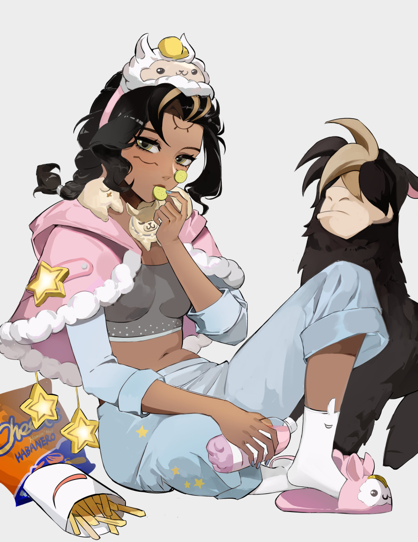 1girl, absurdres, animal, black_hair, blue_pants, dark-skinned_female, dark_skin, eating