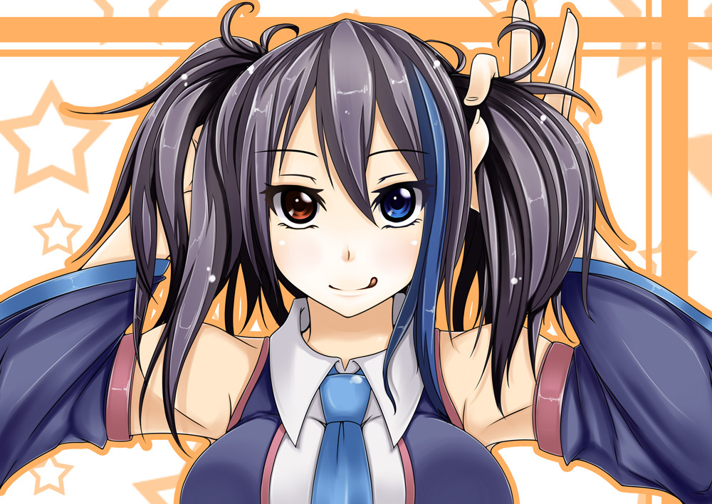 bad_id, black_hair, blue_eyes, detached_sleeves, heterochromia, necktie, pako_(moto_paco), red_eyes, smile, solo, tongue, twintails, utau, yokune_ruko