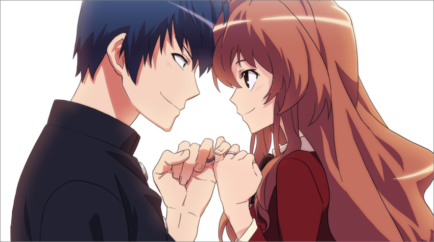 1girl, aisaka_taiga, b255, blue_hair, brown_hair, couple, eye_contact, forehead_to_forehead