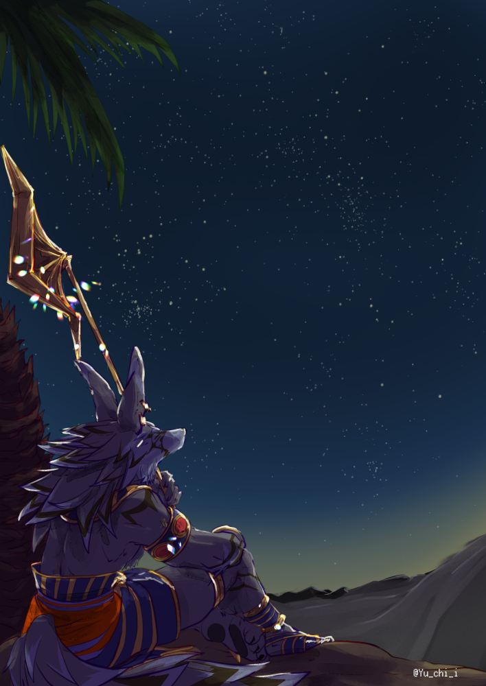 1boy, ahamma, animal_ears, armband, brown_fur, cane, commentary, desert