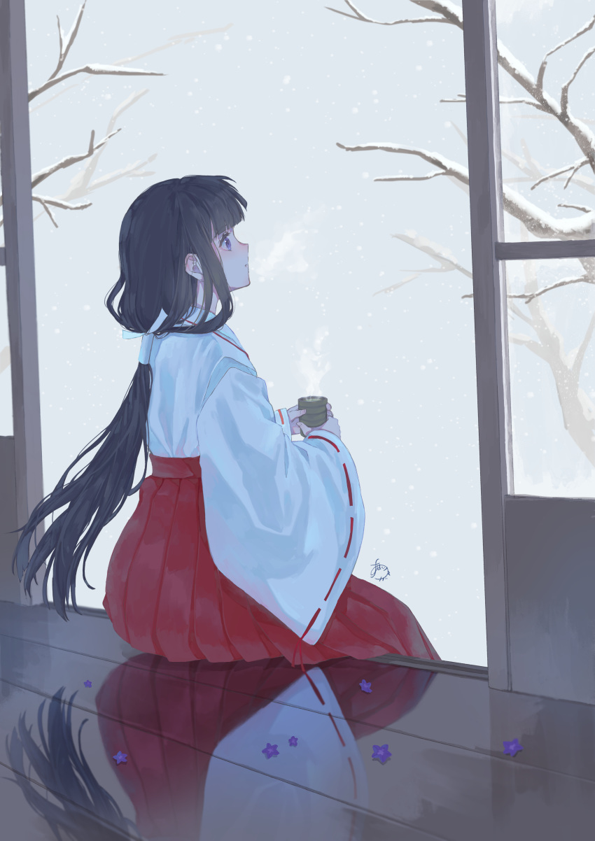 1girl, absurdres, aosugar, black_hair, cup, flower, highres, holding, holding_cup, inuyasha, japanese_clothes, kikyou_(inuyasha), long_hair, looking_afar, miko, purple_flower, snow, snowing, solo, steam, winter, yunomi