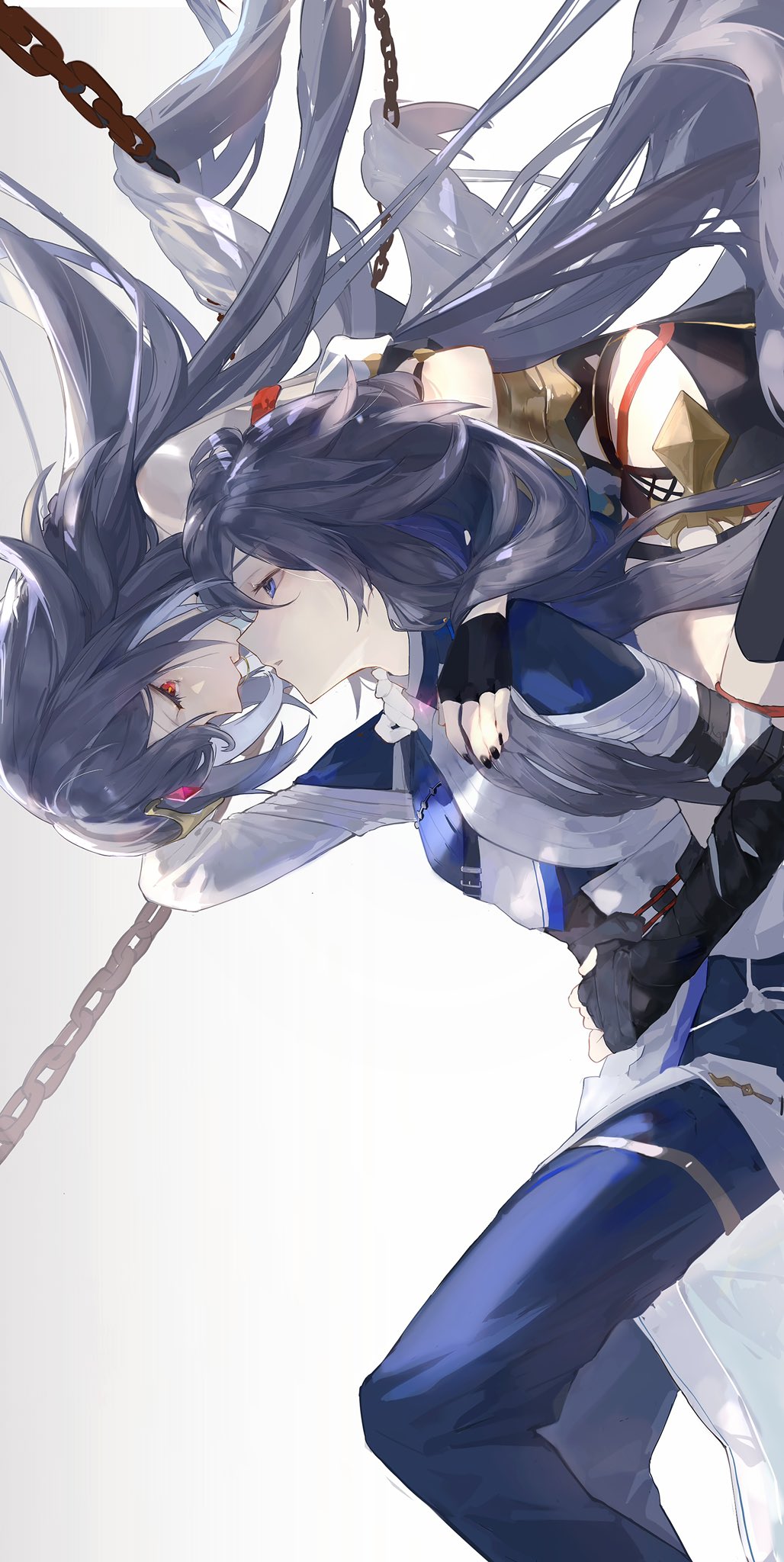 2girls, bare_shoulders, black_gloves, black_nails, blue_eyes, blue_pants, chain, chinese_clothes