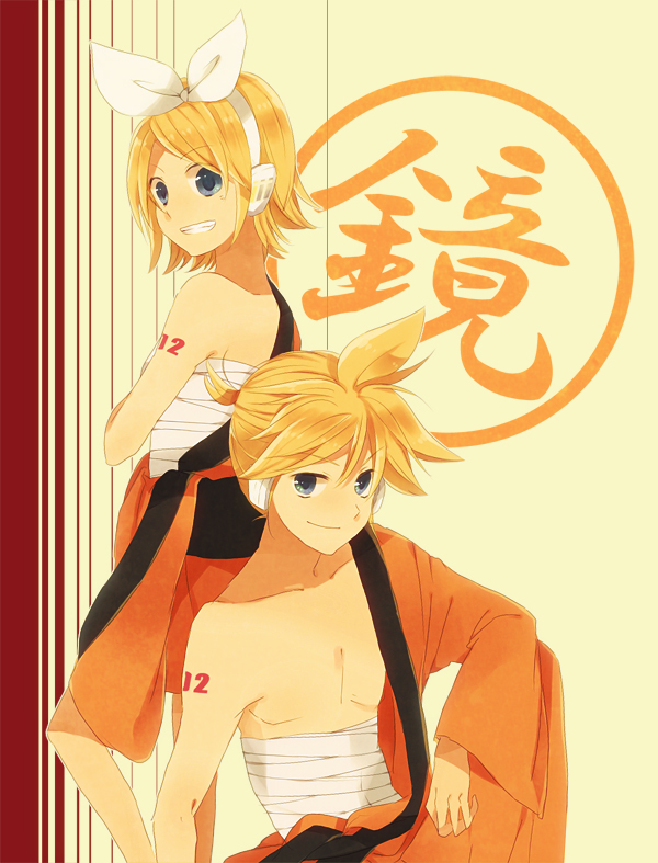blonde_hair, blue_eyes, gekokujou_(vocaloid), hair_ribbon, headphones, iyo_(shalalala), japanese_clothes, kagamine_len