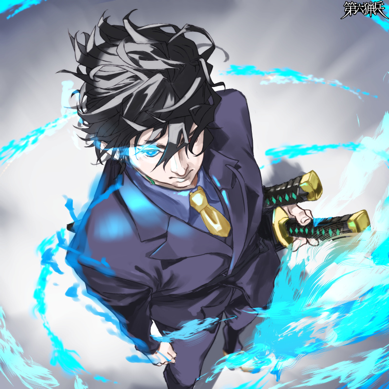 1boy, black_hair, black_suit, dairoku_ryouhei, foreshortening, from_above, glowing, glowing_eyes