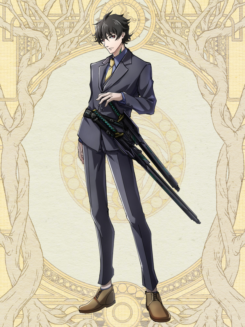 1boy, black_hair, black_pants, black_suit, brown_footwear, dairoku_ryouhei, full_body, highres, long_sleeves, looking_at_viewer, male_focus, murakumo_genji, necktie, pants, red_eyes, sheath, sheathed, short_hair, solo, standing, suit, sword, tsubaki_pbwfa, weapon, yellow_background, yellow_necktie