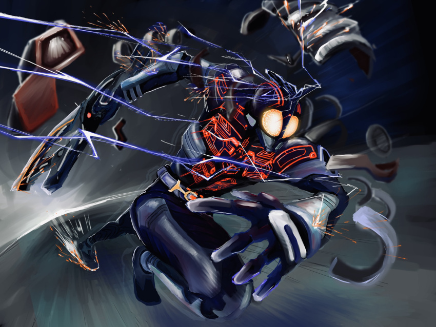 1boy, armor, axe, donguri_kaijin, glowing, glowing_eyes, goggles, highres, holding, holding_axe, holding_weapon, kamen_rider, kamen_rider_dark_kabuto, kamen_rider_kabuto_(series), male_focus, power_armor, running, solo, tokusatsu, weapon