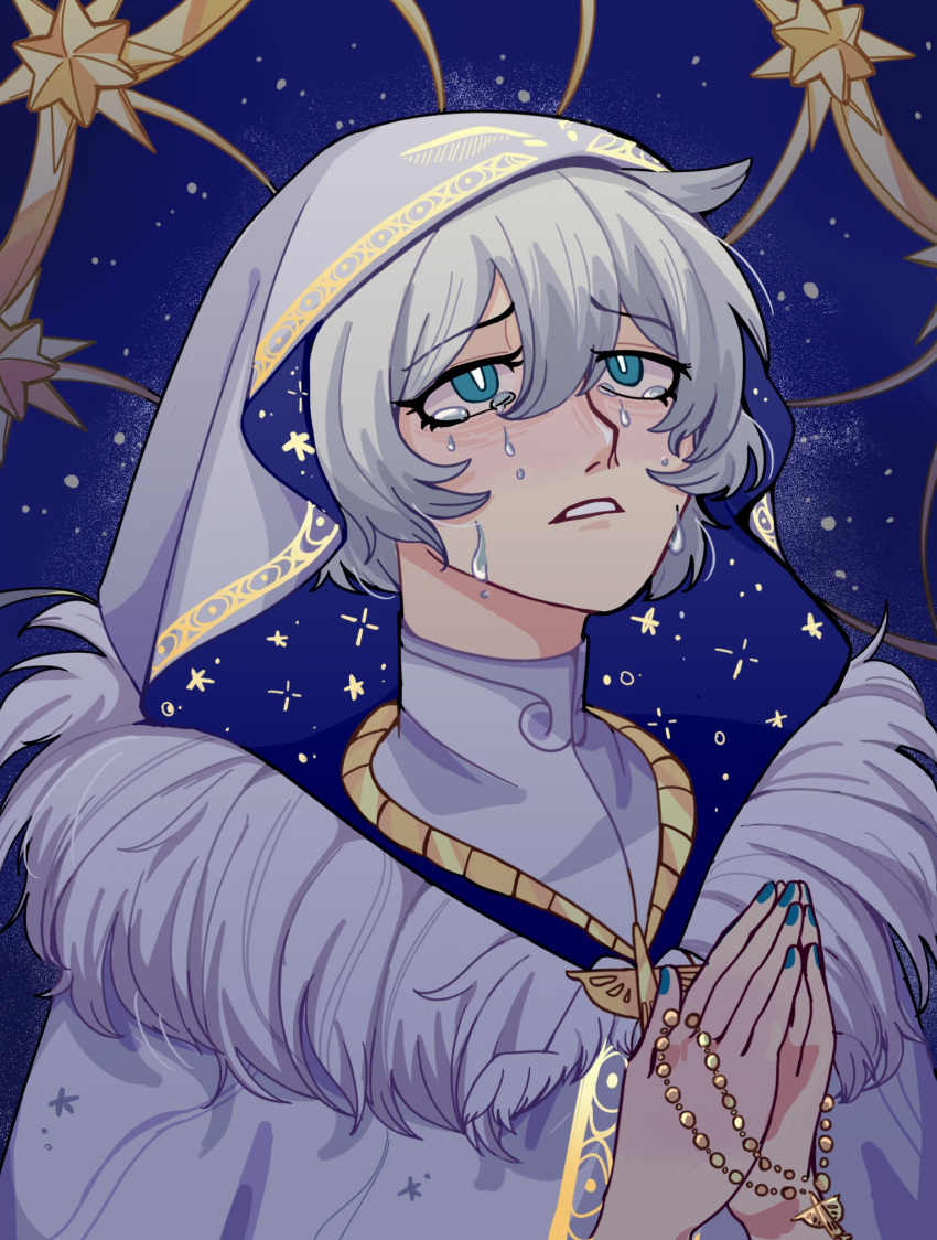 1girl, aqua_eyes, aqua_nails, azusa_mifuyu, beads, blue_background, cloak, crying, crying_with_eyes_open, feather_(magia_record), fur-trimmed_cloak, fur_trim, grey_hair, hair_between_eyes, hair_horns, highres, hood, hood_up, hooded_cloak, jewelry, looking_up, magia_record:_mahou_shoujo_madoka_magica_gaiden, mahou_shoujo_madoka_magica, mocaccc, necklace, own_hands_together, palms_together, parted_lips, pendant, portrait, prayer_beads, praying, short_hair, solo, sparkle, star_(symbol), star_print, tears, turtleneck, white_cloak