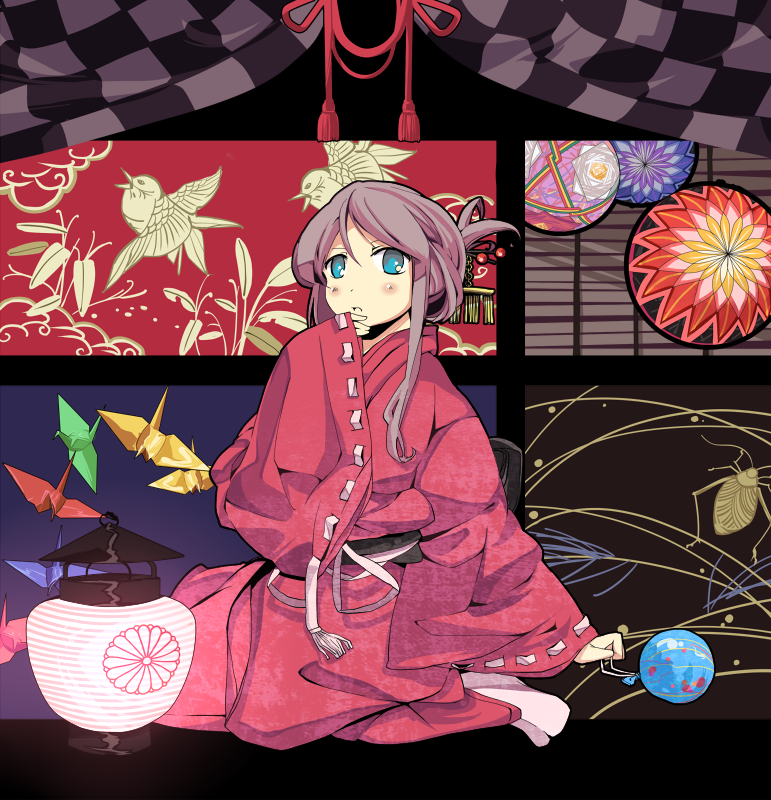 blue_eyes, garnet, garnet_(pixiv), japanese_clothes, lantern, origami, original, orihime