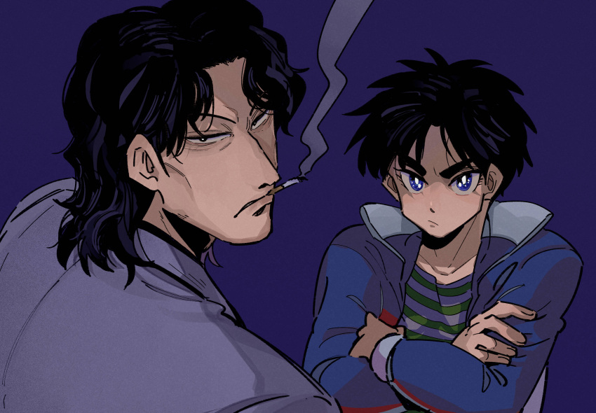 2boys, absurdres, black_eyes, black_hair, blue_eyes, blue_jacket, cigarette, closed_mouth