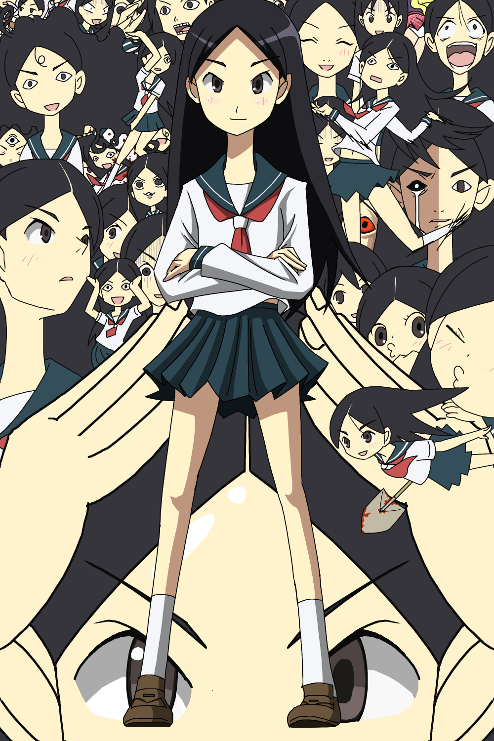 angry, bangs, beatmania, black_hair, black_sclera, blonde_hair, blood, brown_eyes, caramelldansen, clone, closed_eyes, crazy, crazy_eyes, evil, expressions, get_down, happy, highres, higurashi_no_naku_koro_ni, kimura_kaere, kitsu_chiri, laughing, long_hair, no_nose, o3o, open_mouth, panties, parody, parted_bangs, red_sclera, ryuuguu_rena, sayonara_zetsubou_sensei, school_uniform, serafuku, shovel, skirt, smile, smooooch, socks, tears, third_eye, underwear, worktool