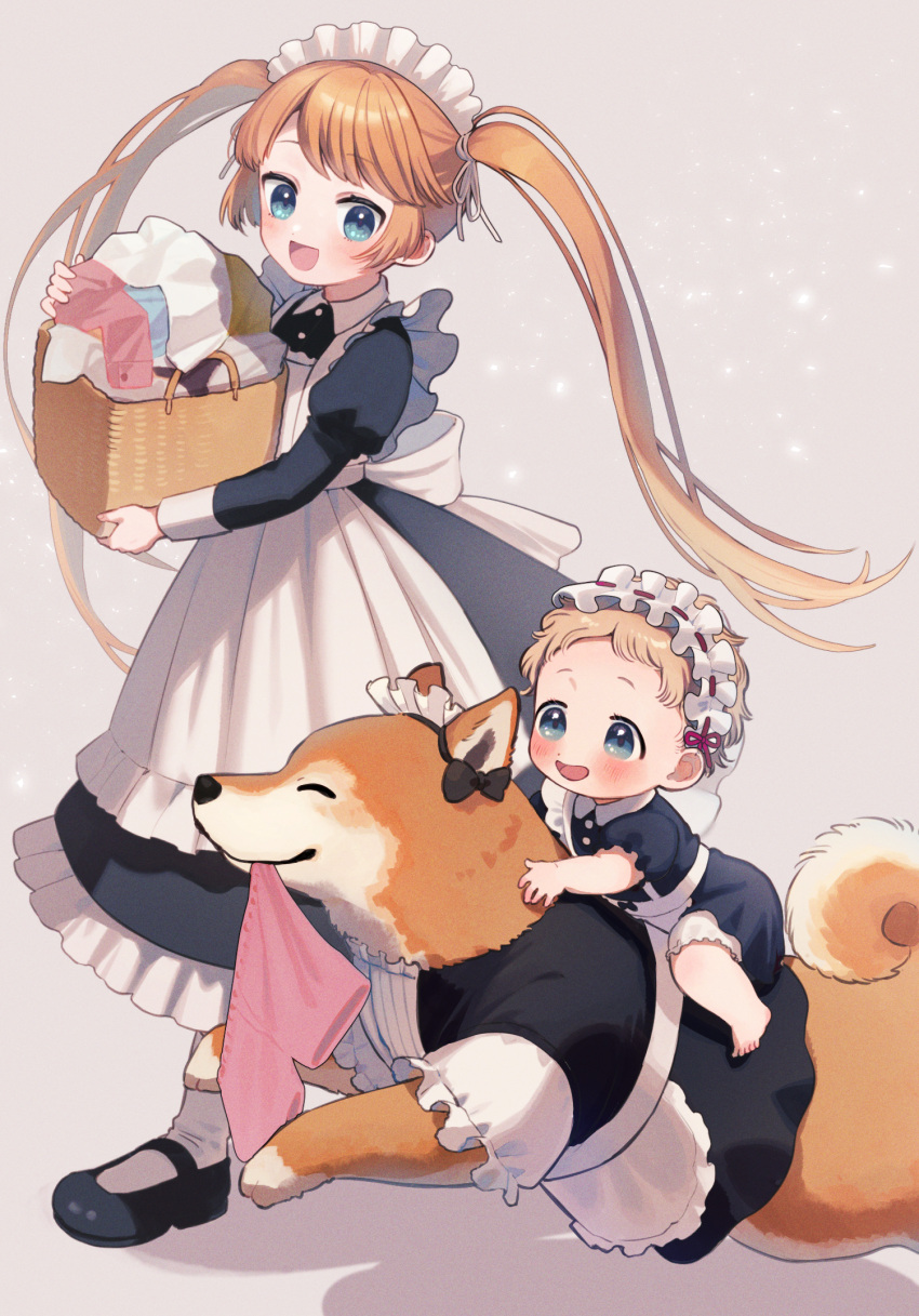 1girl, 1other, ^_^, animal, apron, baby, basket, black_dress