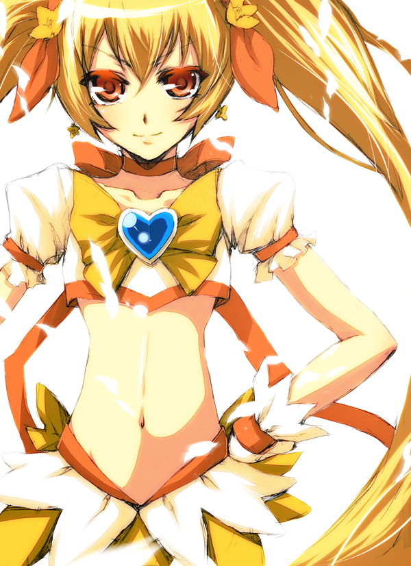 bad_id, blonde_hair, blush, cure_sunshine, dress, heartcatch_precure!, long_hair, magical_girl, midriff, muff, myoudouin_itsuki, orange_eyes, precure, s_tanly, skirt, solo, twintails, very_long_hair, white_background, yellow_dress