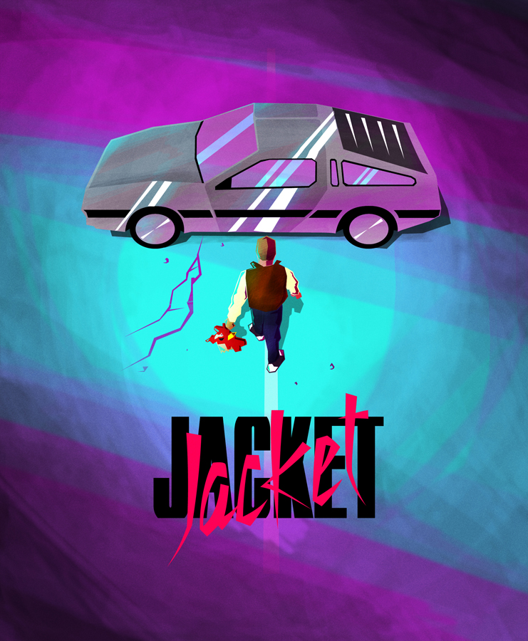 1boy, akira, akira_movie_poster, black_pants, brown_hair, brown_jacket, car, character_name
