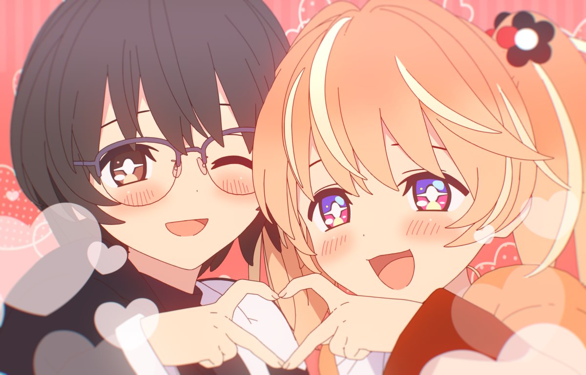 +_+, 2girls, 3d, black_hair, blender_(medium), blonde_hair, blush, bright_pupils