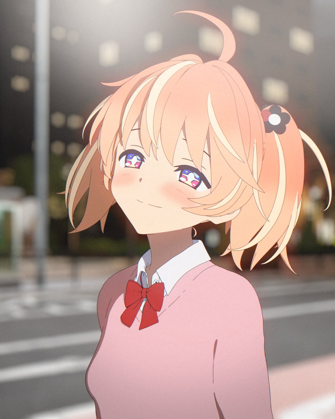 +_+, 1girl, 3d, ahoge, blender_(medium), blonde_hair, blurry, blurry_background