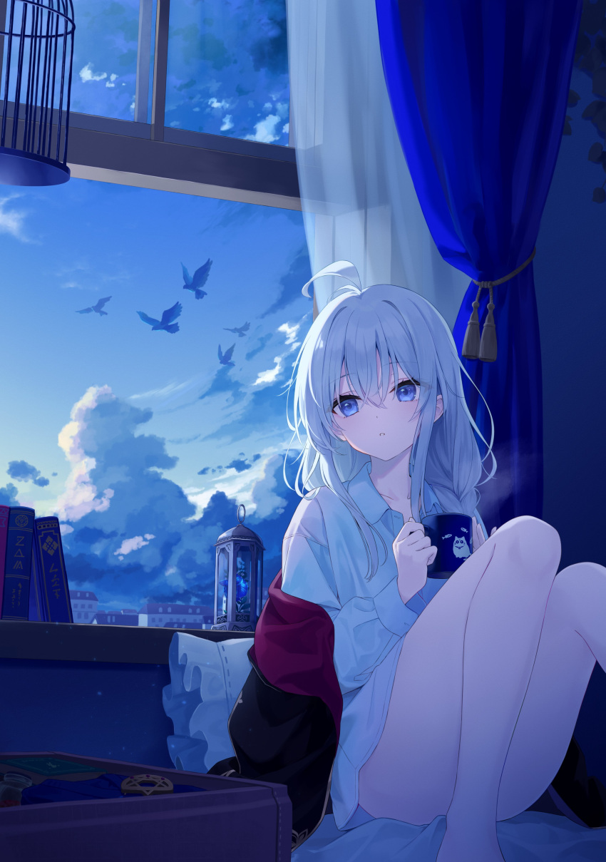 1girl, absurdres, ahoge, azuuru, bird, birdcage, blue_eyes, book
