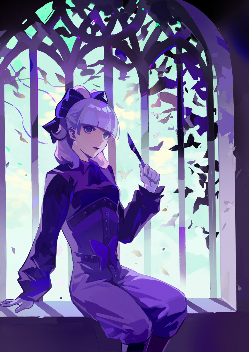 1girl, ace_attorney, arm_support, ascot, bird, black_bow, blunt_bangs, bow