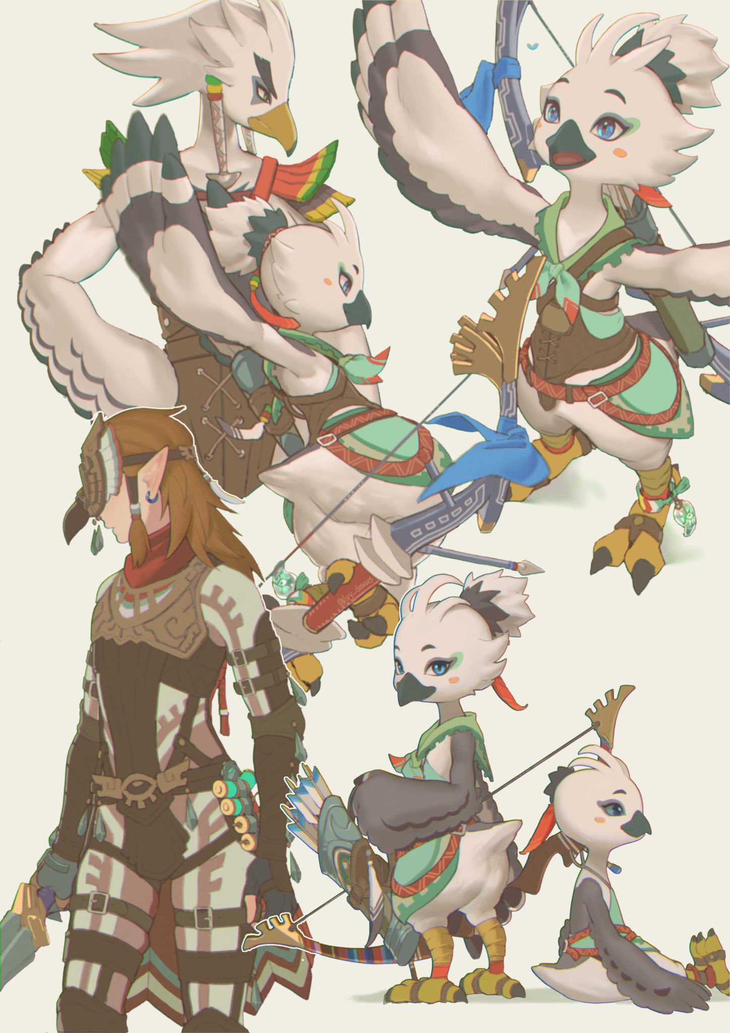 1girl, 2boys, :d, arrow_(projectile), bare_shoulders, beak, bird_boy, bird_girl