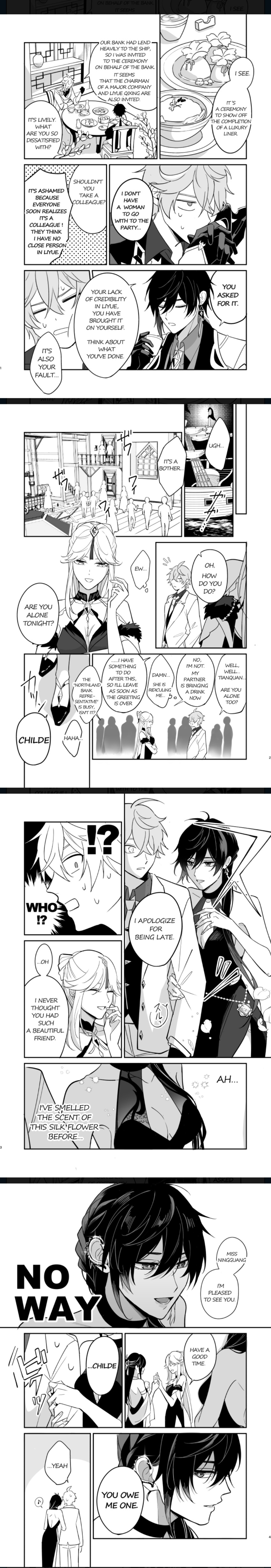 2boys, 2girls, absurdres, beidou_(genshin_impact), english_text, genderswap, genderswap_(mtf), genshin_impact, greyscale, highres, kukuuta, monochrome, multiple_boys, multiple_girls, ningguang_(genshin_impact), official_alternate_costume, tall_image, tartaglia_(genshin_impact), zhongli_(genshin_impact)