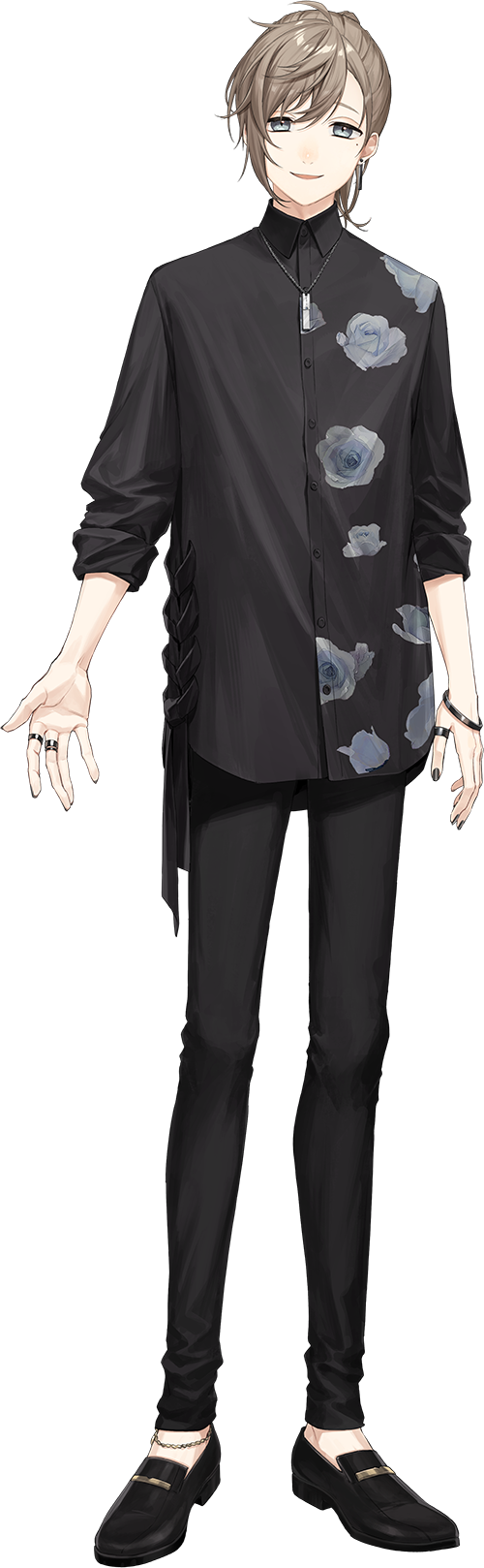 1boy, anklet, black_footwear, black_pants, black_shirt, bracelet, brown_hair, collared_shirt, earrings, floral_print, full_body, grey_eyes, highres, jewelry, kanae_(14th_costume)_(nijisanji), kanae_(nijisanji), long_sleeves, medium_hair, nail_polish, necklace, nijisanji, official_art, open_mouth, pants, ring, shirt, shoes, sleeves_rolled_up, smile, solo, tachi-e, transparent_background, usuke_(u_skeeep), virtual_youtuber