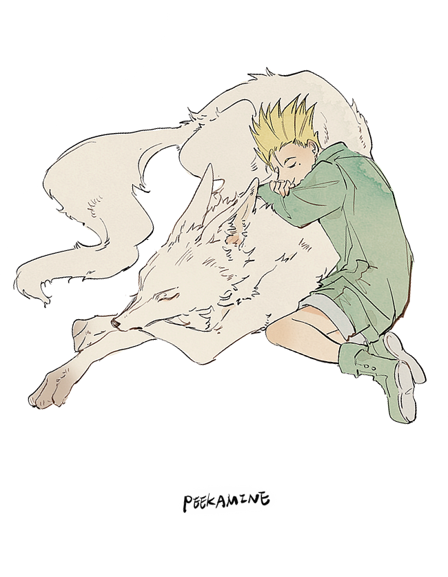 1boy, aged_down, animal, animalization, ankle_boots, artist_name, blonde_hair, boots, child, closed_eyes, dog, green_footwear, green_shorts, long_sleeves, lying, male_focus, millions_knives, mole, mole_under_eye, on_side, peekamine, prosthesis, prosthetic_arm, shoe_soles, short_hair, shorts, simple_background, sleeping, smile, spiky_hair, trigun, trigun_stampede, vash_the_stampede, white_background