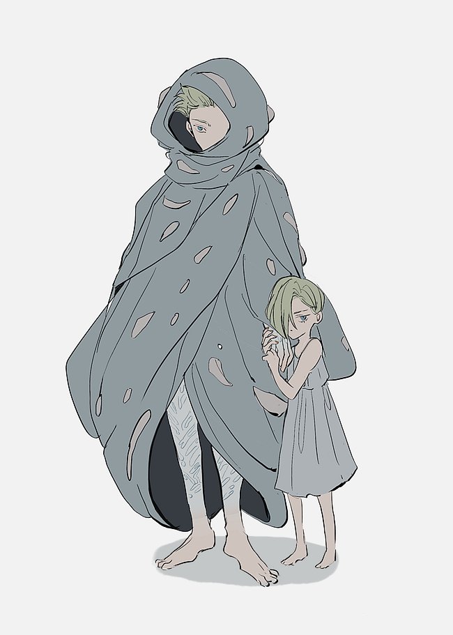 1boy, 1girl, asymmetrical_bangs, bare_arms, bare_shoulders, barefoot, blonde_hair, body_markings, character_request, check_character, child, cloak, covered_mouth, dress, elendira_the_crimsonail, full_body, grey_dress, hair_behind_ear, hair_over_one_eye, hands_up, height_difference, holding_hands, hood, hooded_cloak, looking_ahead, looking_at_viewer, millions_knives, peekamine, short_hair, simple_background, sleeveless, sleeveless_dress, spiky_hair, standing, sundress, trigun, trigun_stampede, white_background
