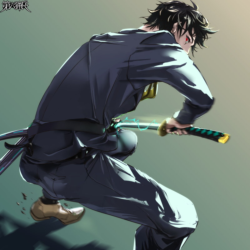 1boy, black_hair, brown_footwear, dairoku_ryouhei, fighting_stance, gradient_background, green_background, grey_suit