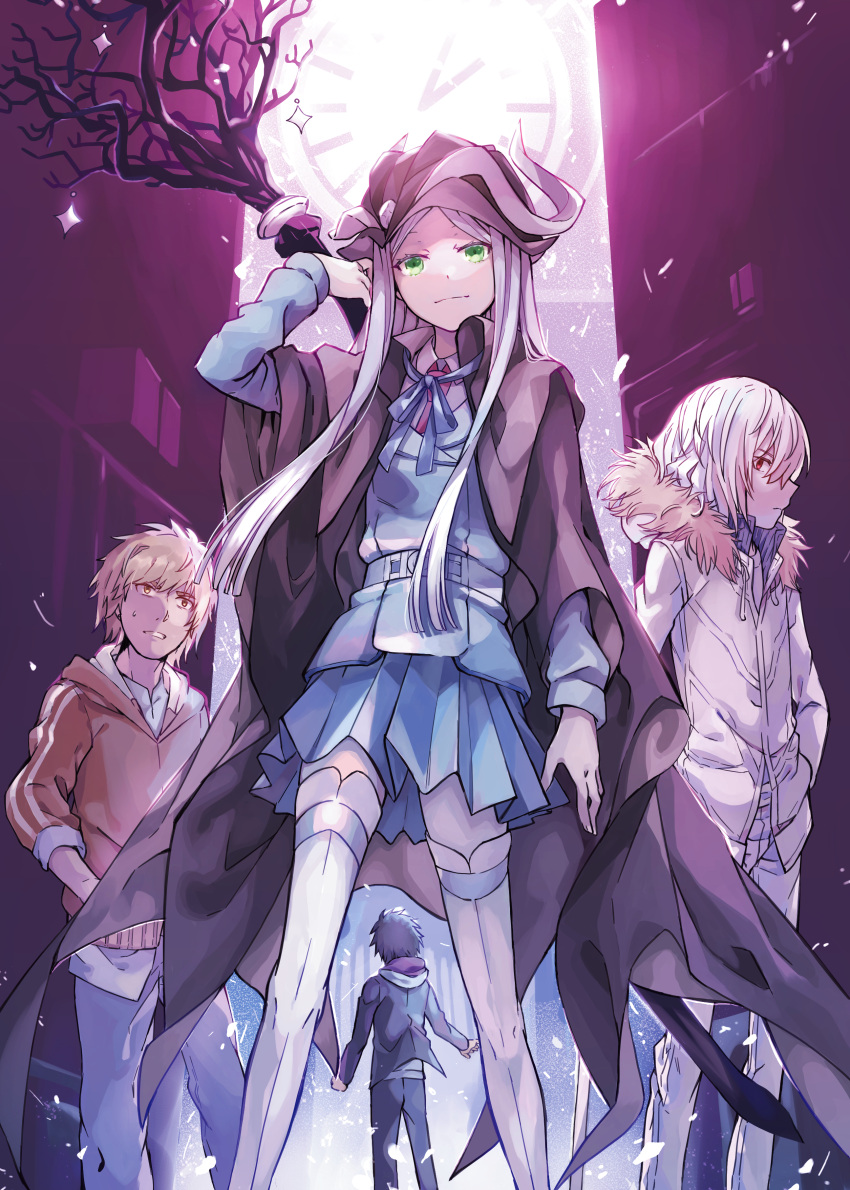 1girl, 3boys, absurdres, accelerator_(toaru_majutsu_no_index), aleis-tan, aleister_crowley_(toaru_majutsu_no_index), black_headwear, black_jacket, black_pants, blasting_rod_(toaru), blue_ribbon, blue_skirt, blue_vest, brown_cape, brown_eyes, brown_sweater, cape, coat, collared_shirt, denim, fur-trimmed_coat, fur_trim, green_eyes, grey_hair, hair_between_eyes, hamazura_shiage, hands_in_pockets, highres, holding, holding_staff, hood, hood_down, hooded_coat, hooded_jacket, jacket, jeans, kamijou_touma, long_hair, looking_at_another, looking_at_viewer, multiple_boys, nanaheibei_3, necktie, pants, parted_bangs, pleated_skirt, red_eyes, red_necktie, ribbon, shirt, skirt, staff, sweater, thigh-highs, toaru_majutsu_no_index, toaru_majutsu_no_index:_new_testament, vest, white_coat, white_pants, white_shirt, white_thighhighs