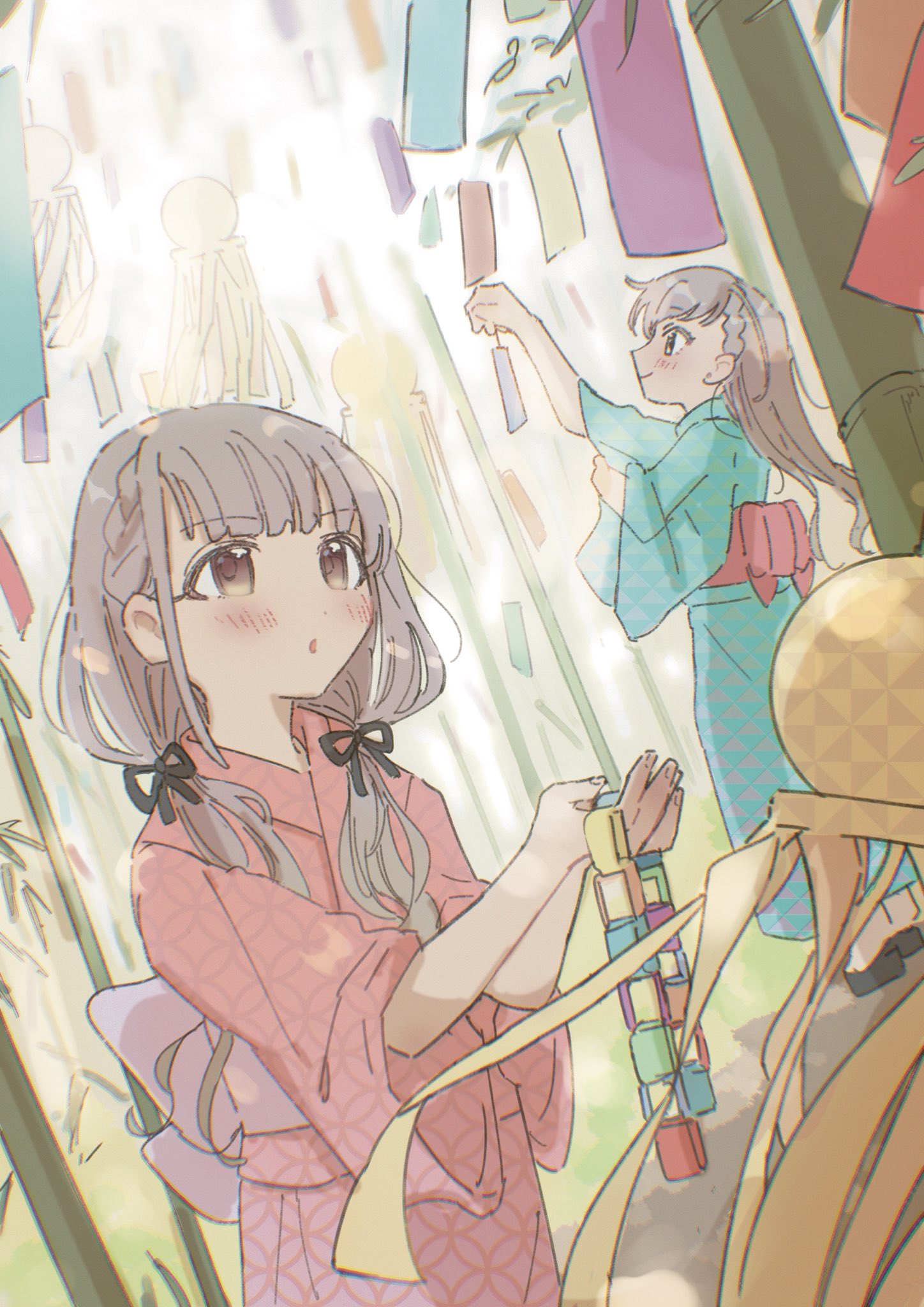 2girls, amagu_(amagu2222222), arm_up, bamboo, black_footwear, blue_eyes, blush, bow, braid, braided_bangs, breasts, brown_eyes, closed_mouth, dot_nose, fukinagashi, full_body, green_kimono, grey_hair, hair_ribbon, hand_up, hands_up, highres, hisakawa_hayate, hisakawa_nagi, holding, idolmaster, idolmaster_cinderella_girls, idolmaster_cinderella_girls_starlight_stage, japanese_clothes, kimono, long_hair, long_sleeves, looking_at_another, low_twintails, medium_breasts, multiple_girls, obi, open_mouth, origami, paper_chain, pink_bow, print_kimono, red_bow, red_kimono, ribbon, sash, siblings, sisters, small_breasts, smile, standing, tanabata, tanzaku, twins, twintails, very_long_hair, waist_bow, wide_sleeves, yukata, zouri