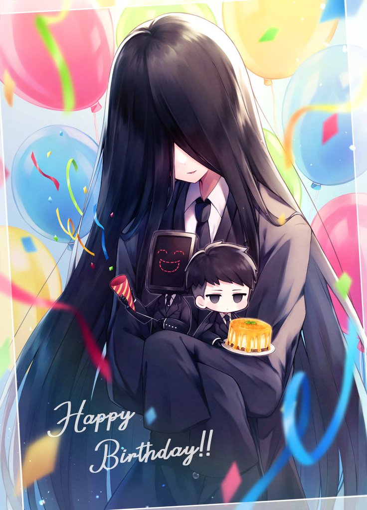 1girl, 2boys, bada_(library_of_ruina), balloon, black_coat, black_eyes, black_gloves, black_hair