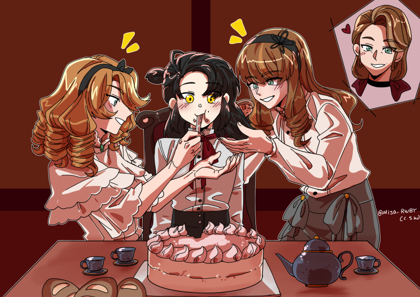 4girls, absurdres, aged_down, alternate_universe, baguette, black_hair, blonde_hair, blush