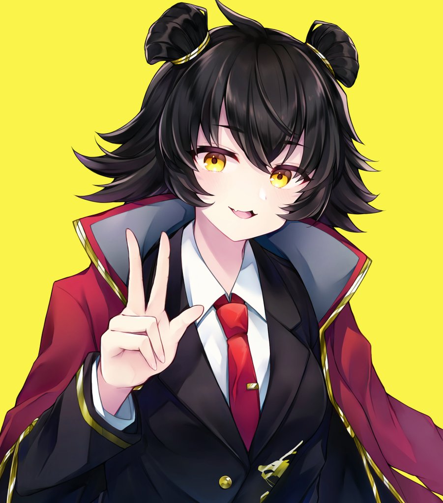 1girl, :3, black_hair, black_jacket, cape, collared_shirt, double_bun, gold_trim