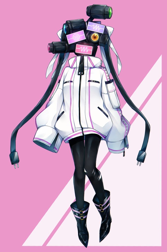 1girl, black_footwear, black_pantyhose, boots, bow, cable, camera, cardiogram, dalloc_(library_of_ruina), full_body, hair_bow, jacket, library_of_ruina, long_sleeves, mikoto0x0, monitor, object_head, pantyhose, project_moon, puffy_long_sleeves, puffy_sleeves, smiley_face, solo, white_bow, white_jacket, zipper