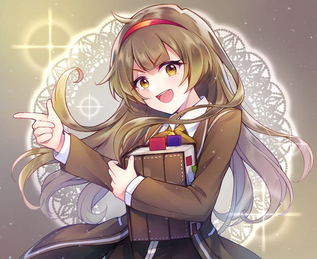 1girl, book, bookmark, bow, bowtie, brown_bow, brown_bowtie, brown_coat, brown_eyes, brown_hair, coat, collared_shirt, commentary, hairband, holding, holding_book, index_finger_raised, library_of_ruina, long_hair, long_sleeves, looking_at_viewer, malkuth_(project_moon), mikoto0x0, open_mouth, pointing, project_moon, red_hairband, shirt, sidelocks, smile, solo, sparkle, upper_body, white_shirt