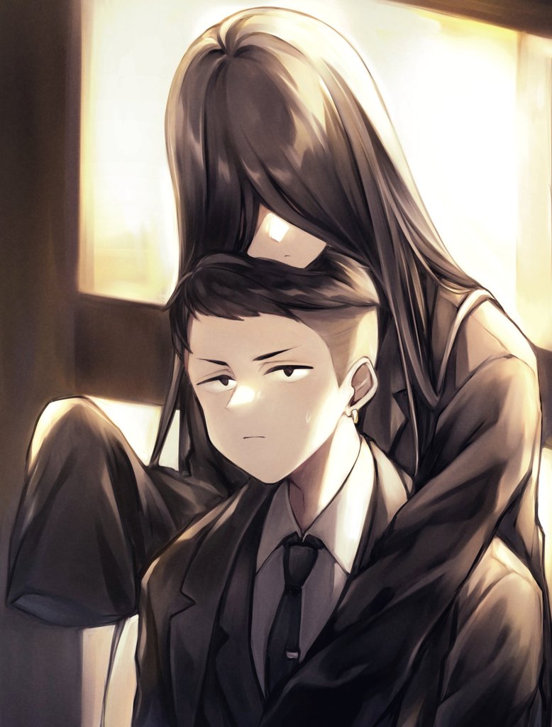 1boy, 1girl, bada_(library_of_ruina), black_coat, black_eyes, black_hair, black_jacket, black_necktie