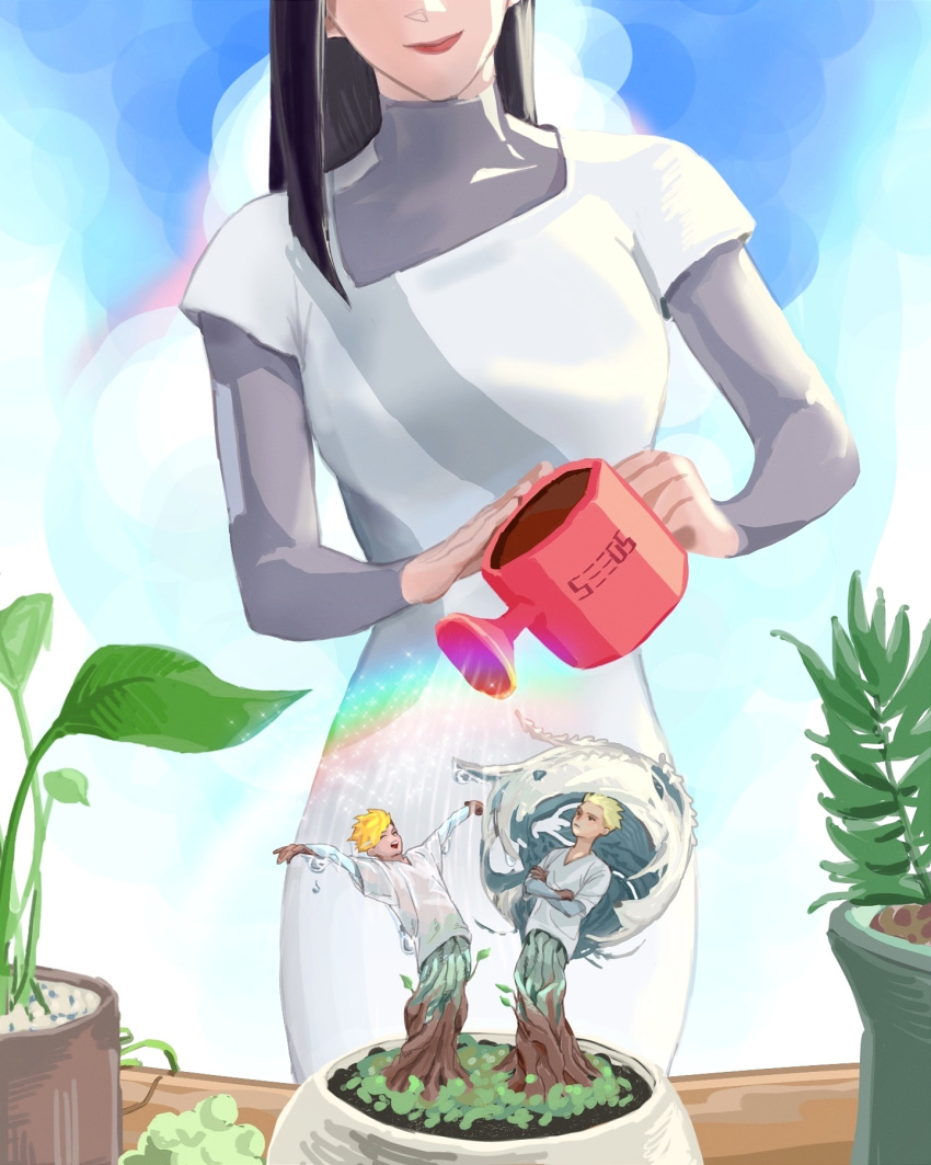 1girl, 2boys, black_hair, blonde_hair, brothers, crossed_arms, gardening, head_out_of_frame
